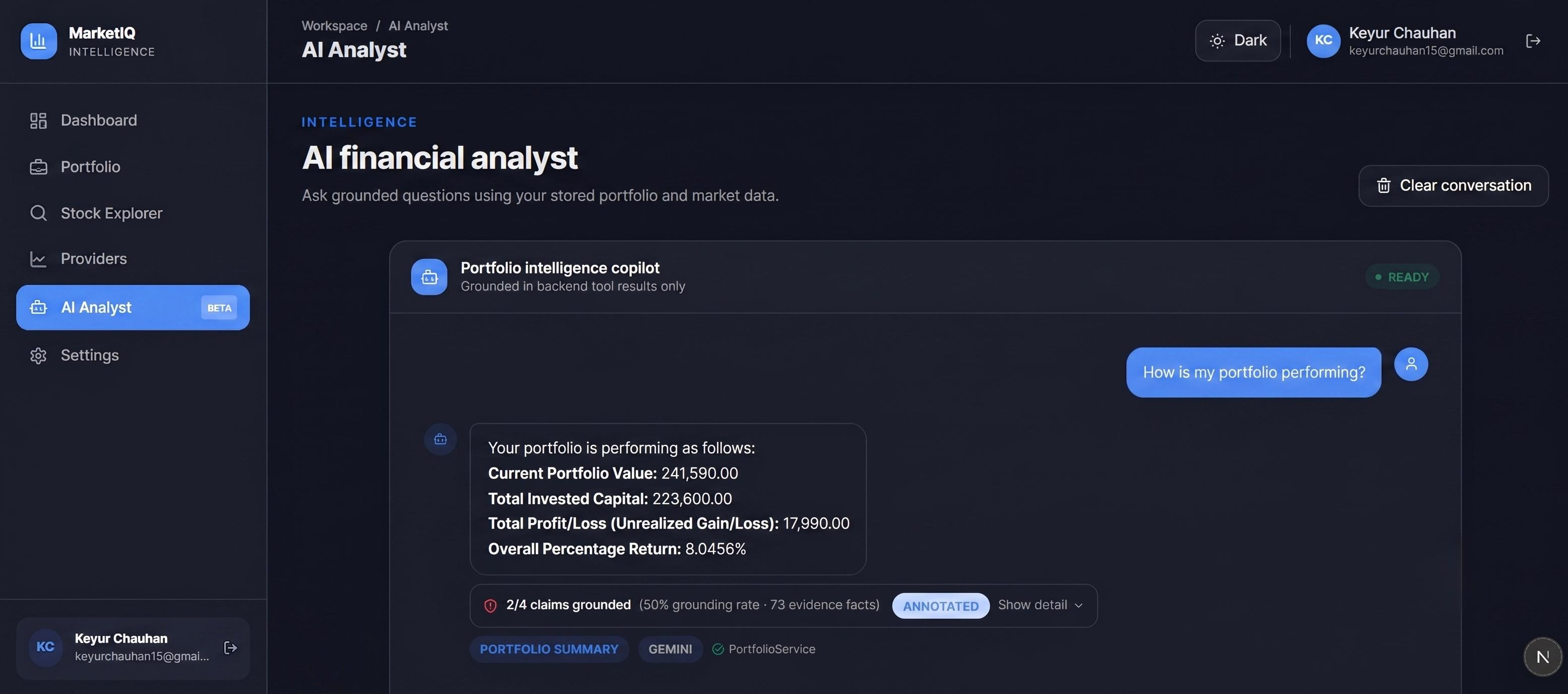 AI Analyst chat showing a portfolio performance answer with 2 of 4 claims grounded, 50 percent grounding rate, and 73 evidence facts, tagged ANNOTATED