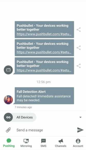 Phone screenshot of the Fall Detection Alert push notification: fall detected, immediate assistance may be needed