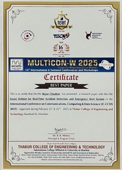 Best Paper Award certificate from IC-CCDS 2025, MULTICON-W