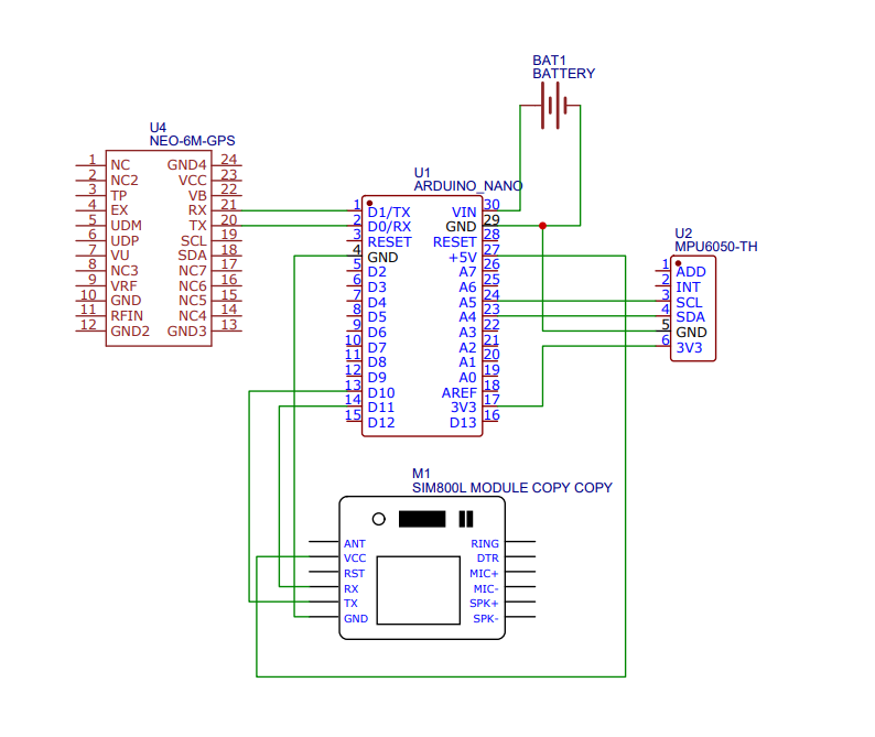 Circuit diagram connecting NEO-6M GPS, Arduino Nano, MPU-6050 and SIM800L GSM module